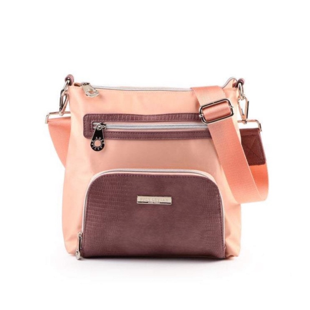 Suzy Levian Pink Nylon Faux Crocodile Front Pocket Crossbody Handbag NWTS